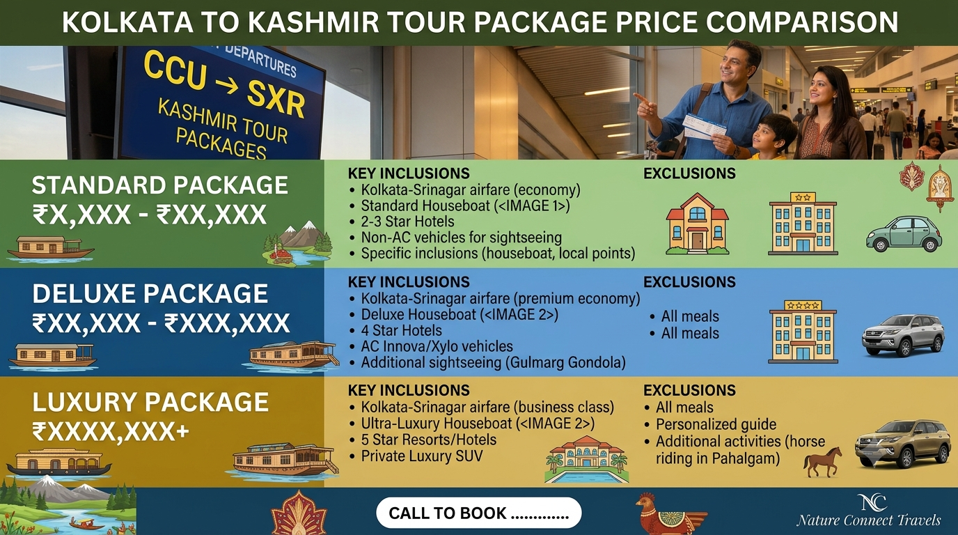Comparison infographic of Kolkata to Kashmir tour package price tiers and flight costs 2026 by Nature Connect Travels