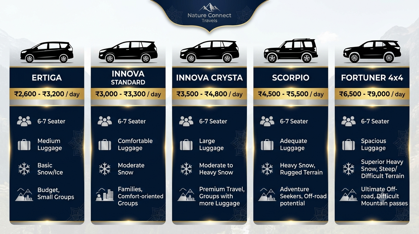 SUV Rental in Kashmir 2026 | Nature Connect Travels ₹3,000+ 8 Comparison infographic of SUV rental in Kashmir fleet showing Ertiga Innova Crysta Scorpio and Fortuner rates 2026