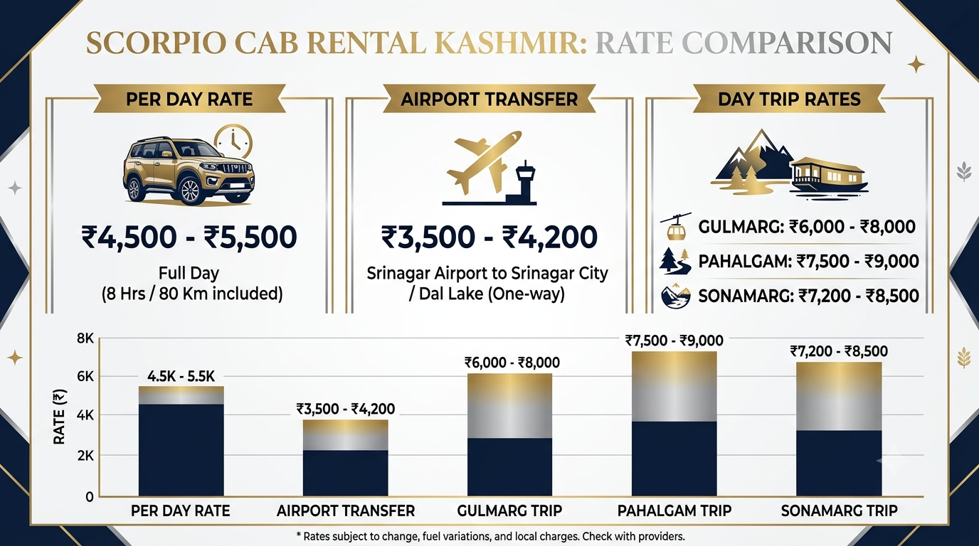 Scorpio Cab Rental Kashmir 2026 | Nature Connect ₹4,500+ 8 Comparison infographic of Scorpio cab rental Kashmir rates for airport transfer and day trips 2026