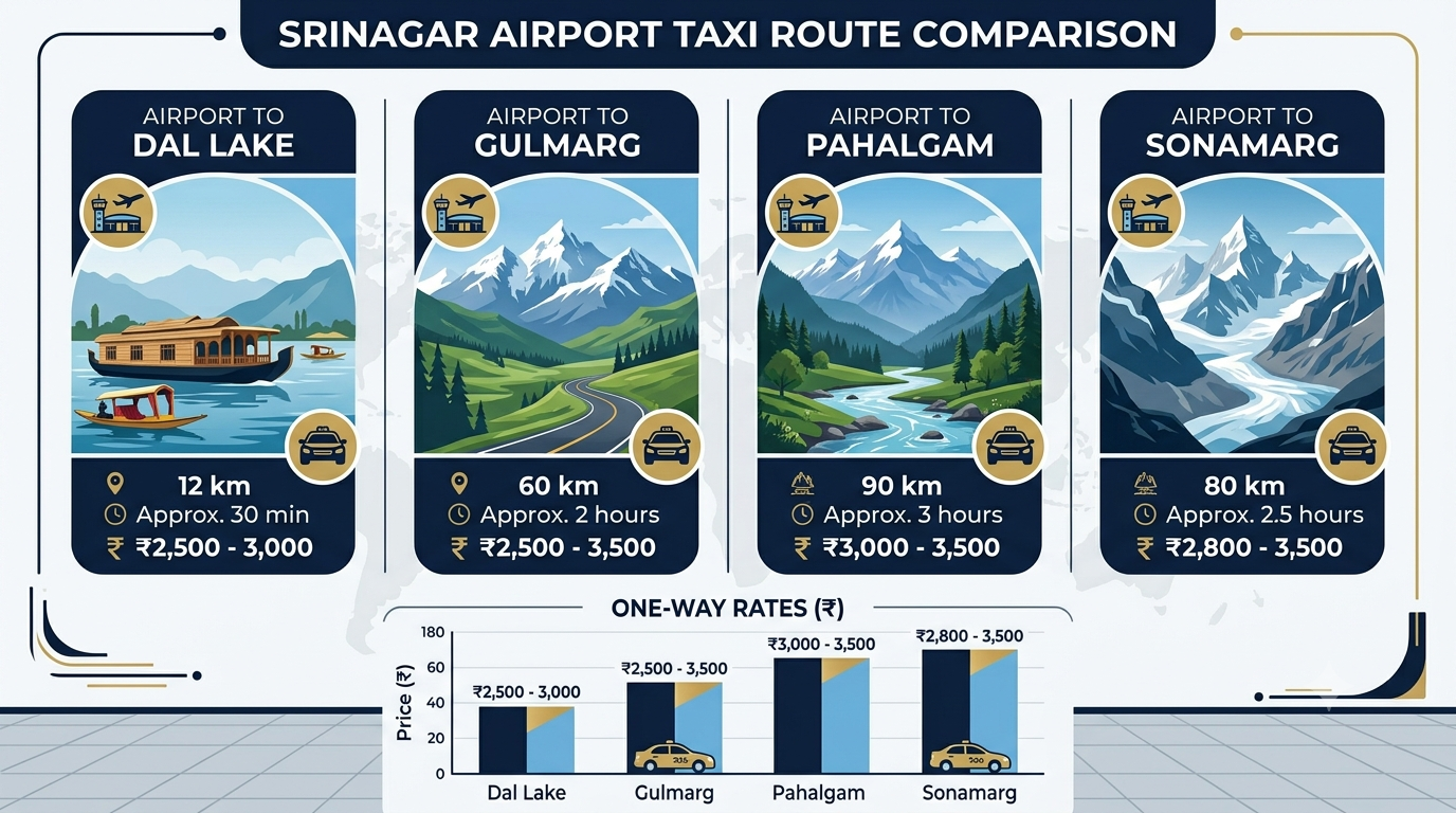 Srinagar Airport Taxi 2026 | Nature Connect Travels ₹2,500+ 8 Comparison infographic of Srinagar airport taxi rates for Dal Lake Gulmarg Pahalgam and Sonamarg routes 2026
