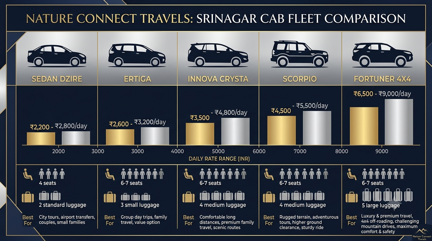 Comparison infographic of Srinagar cab service rates for sedan Ertiga Innova Crysta Scorpio and Fortuner 2026