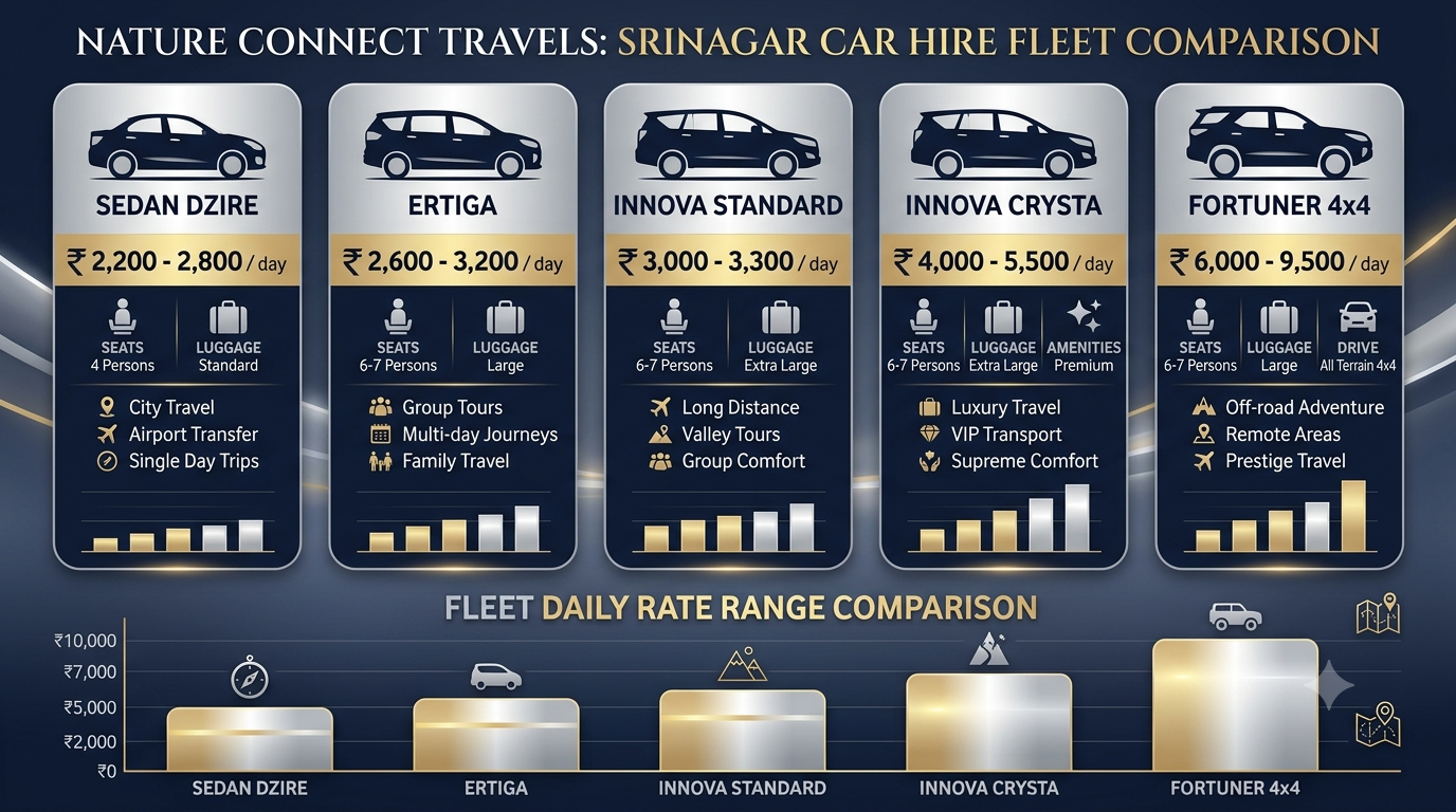 Srinagar Car Hire 2026 | Nature Connect Travels ₹2,200+ 8 Comparison infographic of Srinagar car hire rates for sedan Ertiga Innova Crysta and Fortuner 2026