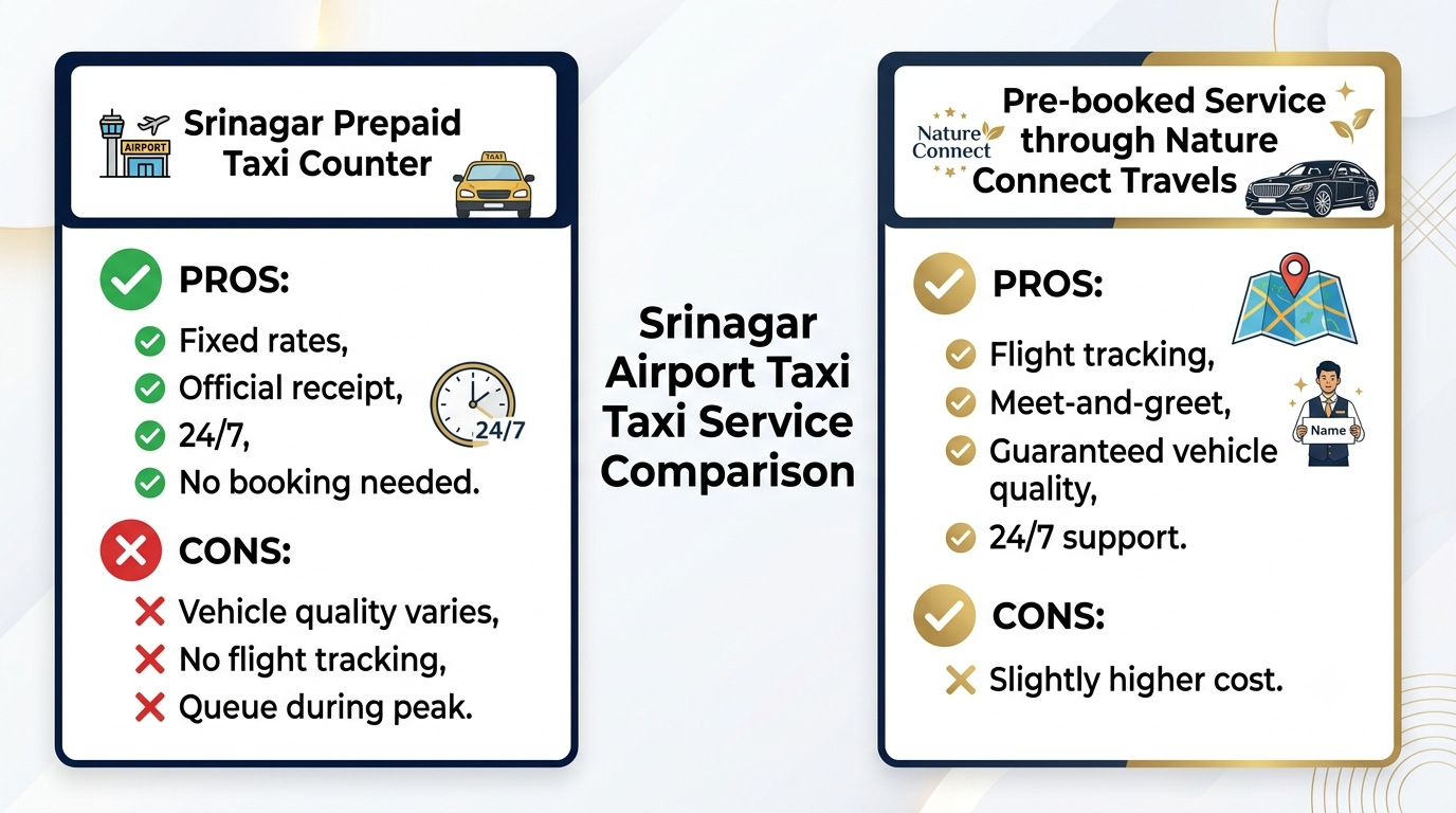 Comparison infographic of Srinagar prepaid taxi counter versus pre-booked cab with Nature Connect Travels