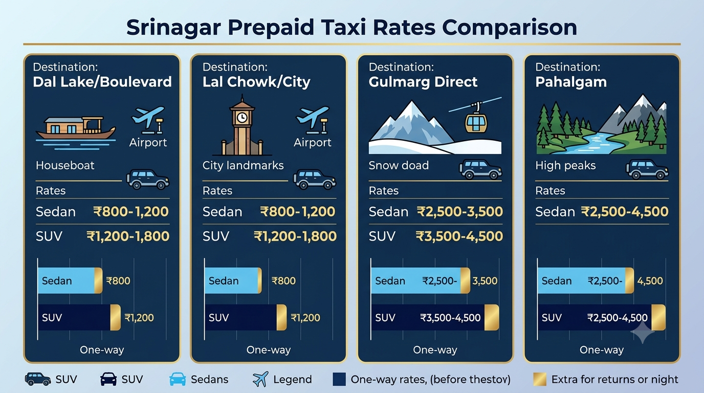 Comparison infographic of Srinagar prepaid taxi rates by destination and vehicle type 2026