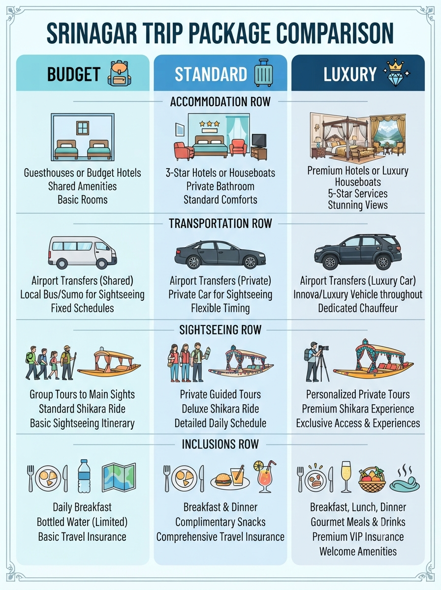 Comparison infographic of Srinagar trip package tiers and prices 2026 by Nature Connect Travels