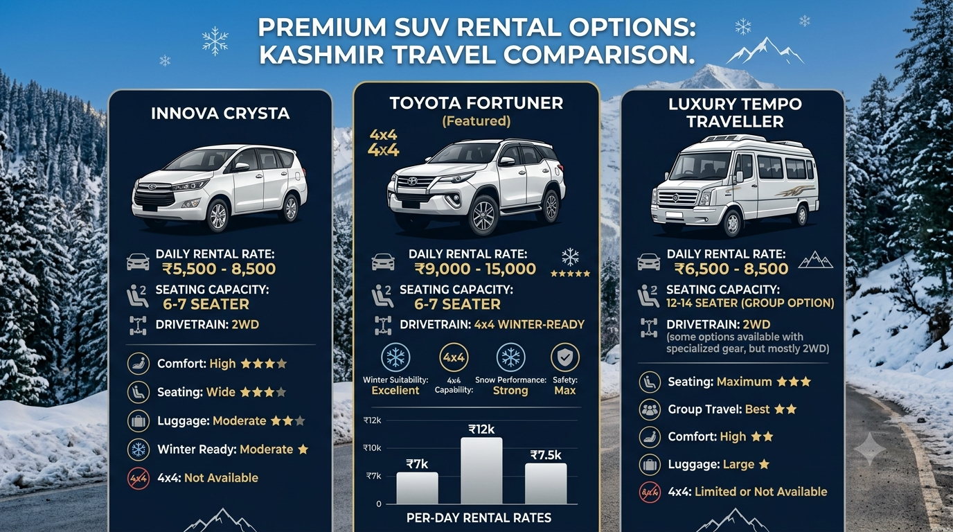 Toyota Fortuner 4x4 Rental Kashmir with Driver 2026 | ₹9,000 8 Comparison infographic of Toyota Fortuner 4x4 rental in Kashmir with driver versus Innova Crysta and Tempo Traveller rates 2026