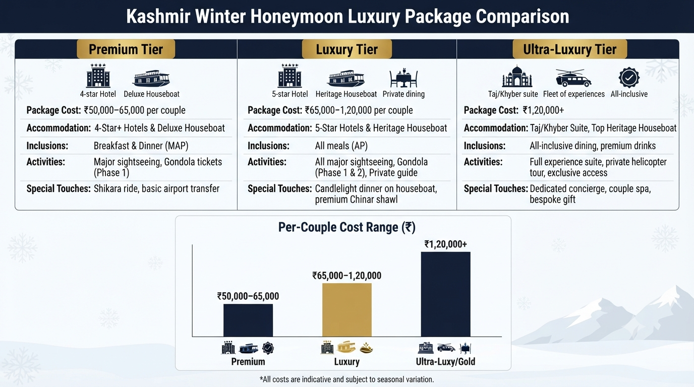 Luxury Kashmir Winter Honeymoon Package 2026 | 5-Star ₹65K+ 8 Comparison infographic of luxury Kashmir winter honeymoon package tiers and prices for couples 2026