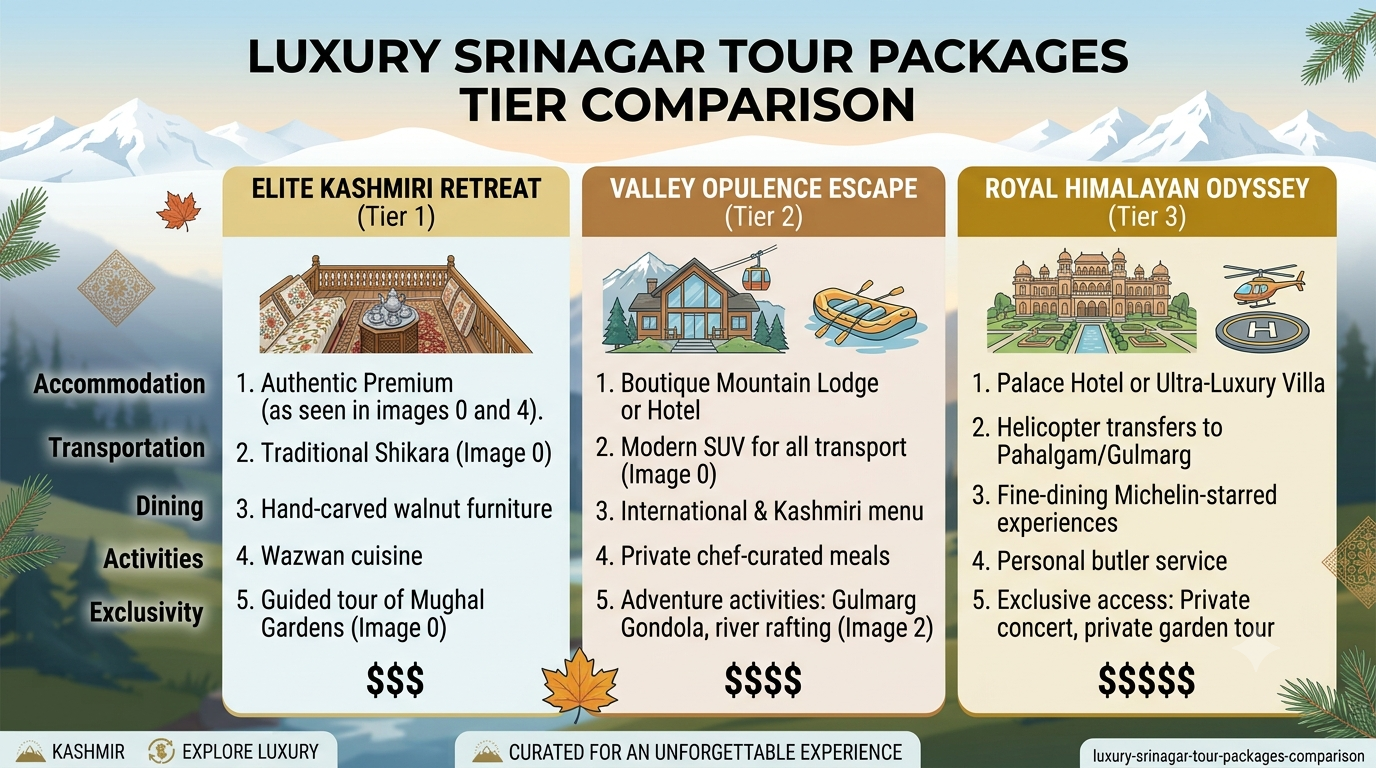 Comparison infographic of luxury Srinagar tour packages tiers and prices 2026 by Nature Connect Travels