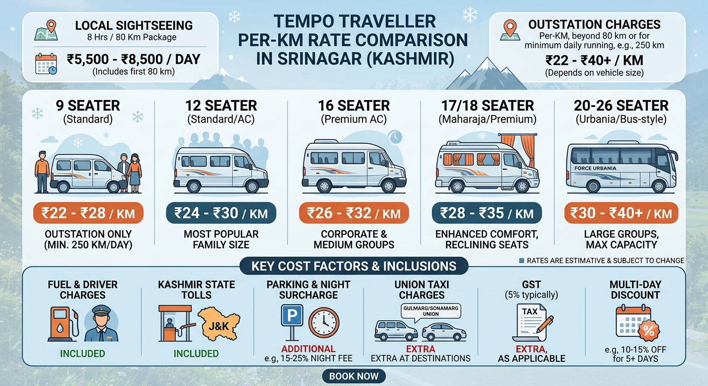 Comparison infographic of tempo traveller charges per km in Srinagar by seat capacity 2026 by Nature Connect Travels