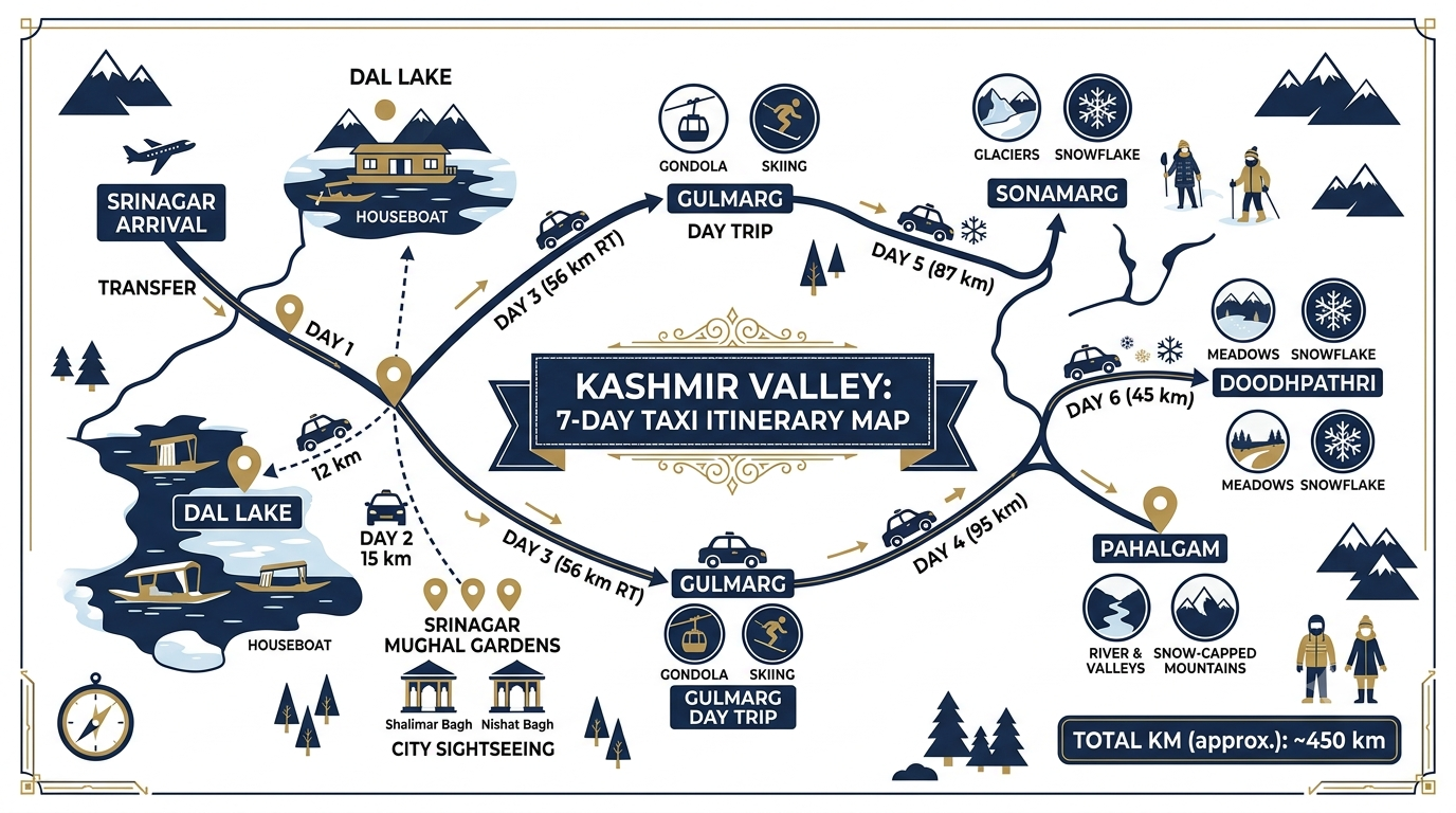 Complete 7 day Kashmir taxi service itinerary map showing Srinagar Gulmarg Pahalgam Sonamarg and Doodhpathri routes