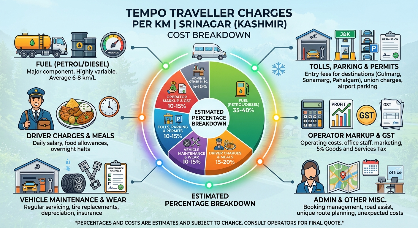 Cost breakdown infographic for tempo traveller charges per km in Srinagar showing Gulmarg round trip total