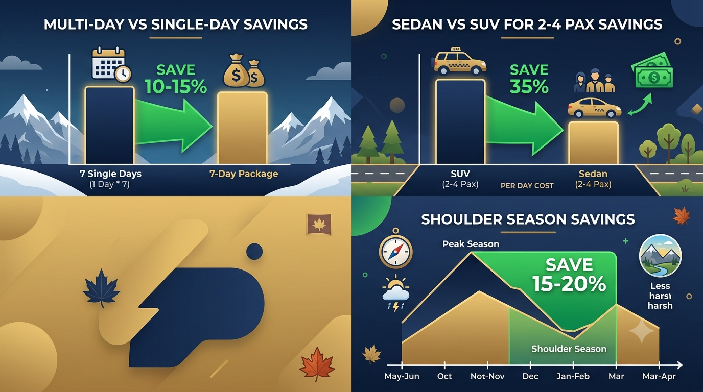 Cost savings infographic for Kashmir taxi service for 7 days itinerary showing multi-day and vehicle choice strategies