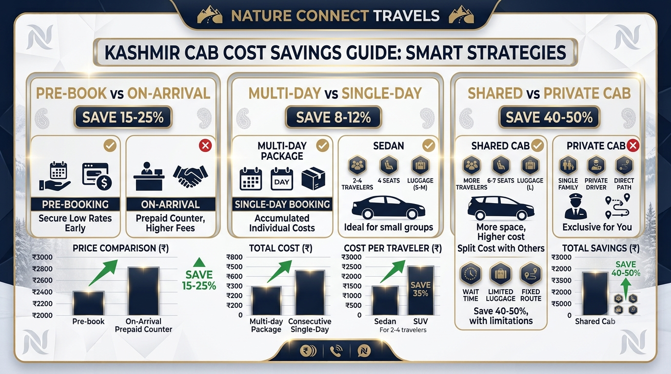 Cost savings infographic for affordable Kashmir cab service showing pre-booking and vehicle choice strategies