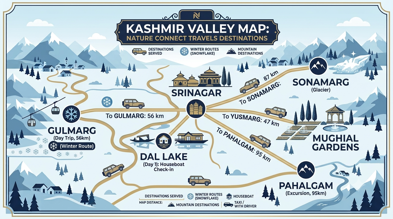 Coverage area map for Nature Connect Travels reliable taxi operator in Kashmir showing Srinagar Gulmarg Pahalgam and Sonamarg destinations