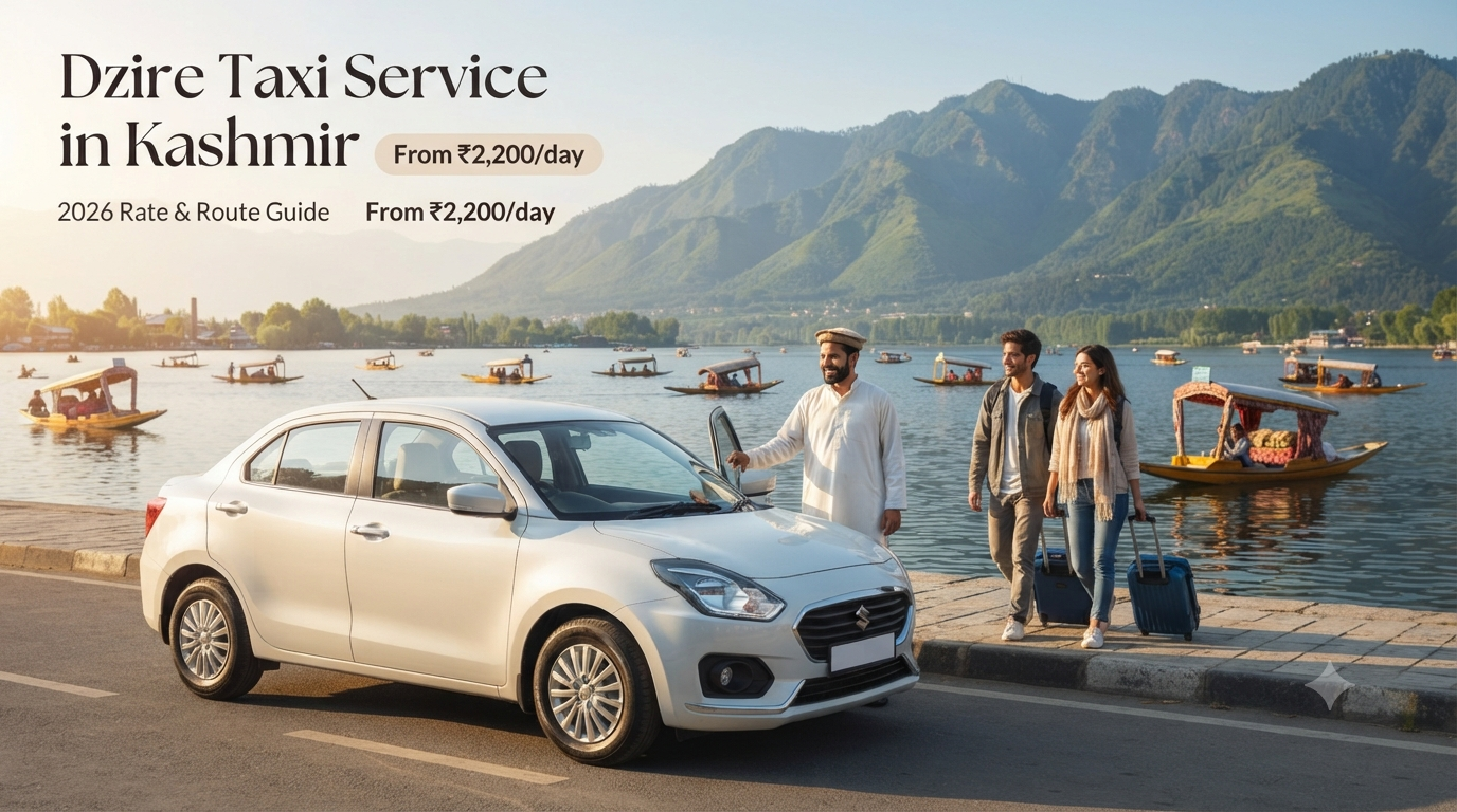 Dzire taxi service in Kashmir - white Swift Dzire with driver on Boulevard Road along Dal Lake for couple travel