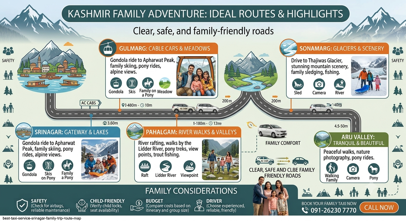 Best Taxi Service in Srinagar for Family Trip | Nature Connect 11 Family route map infographic for best taxi service in Srinagar for family trip showing Gulmarg and Pahalgam routes