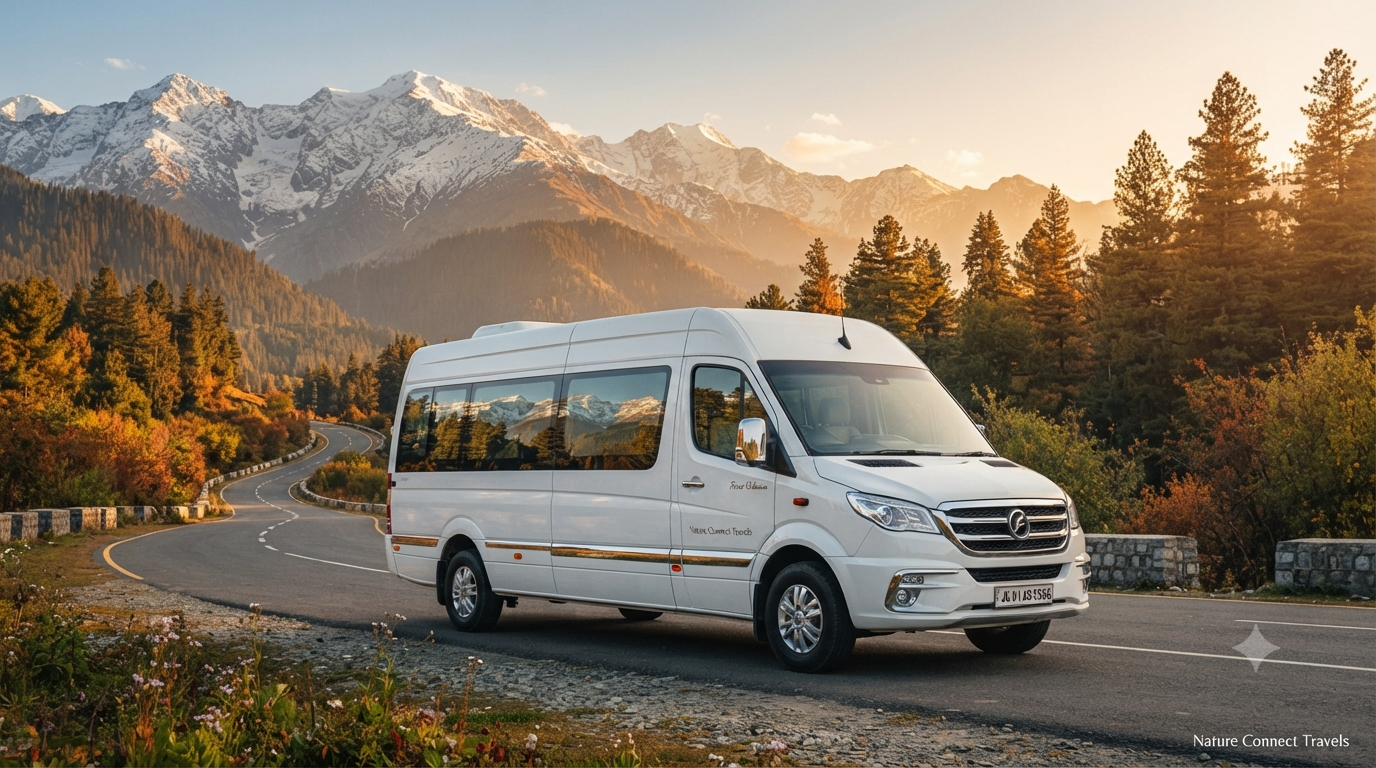 Force Urbania luxury tempo van parked on Srinagar highway with Himalayan mountains in background for premium group travel