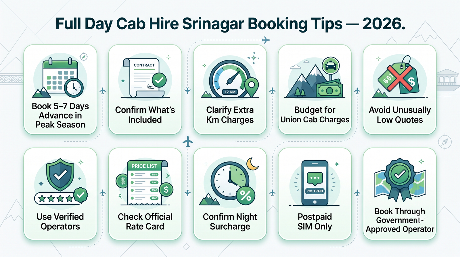 Full day cab hire charges in Srinagar - booking tips infographic for hassle-free cab booking in Srinagar