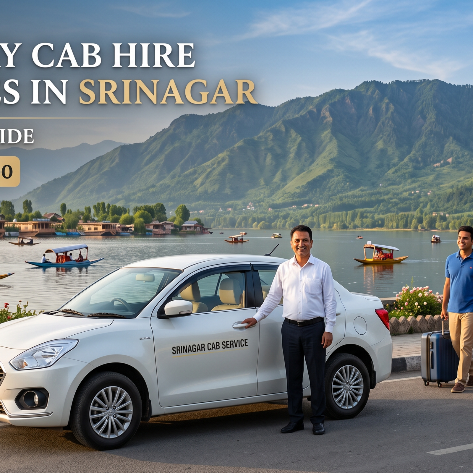 Full day cab hire charges in Srinagar - white sedan with driver on Boulevard Road along Dal Lake for local sightseeing