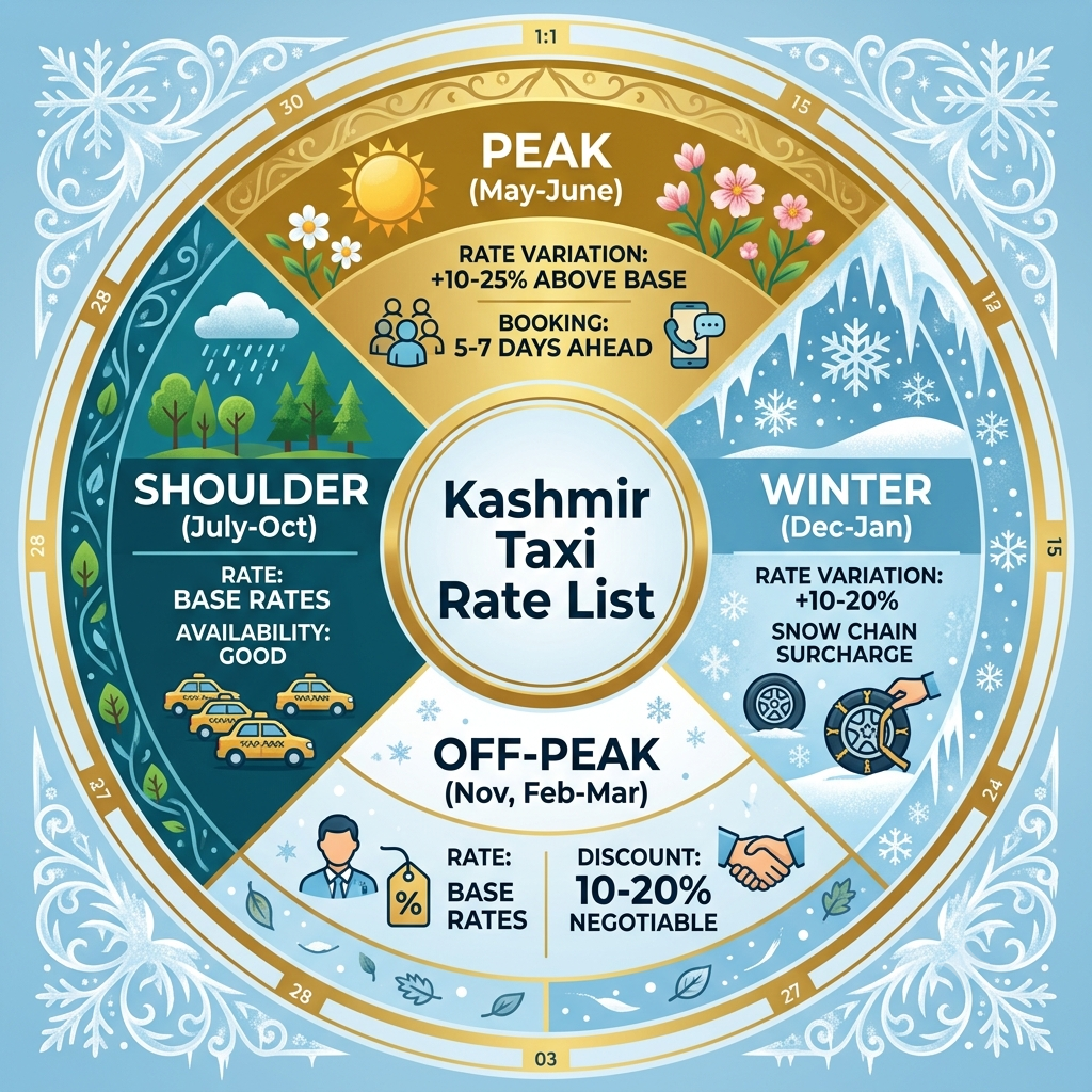 Seasonal variation infographic for Kashmir taxi rate list showing peak and off-peak pricing 2026