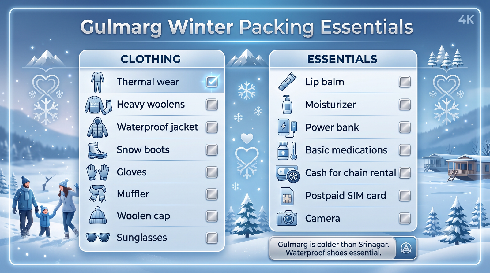 Gulmarg 4x4 Taxi Booking 2026 | Snow Chain Cab & Price 14 Gulmarg 4x4 taxi booking - packing essentials infographic clothing and items checklist for winter Gulmarg travel