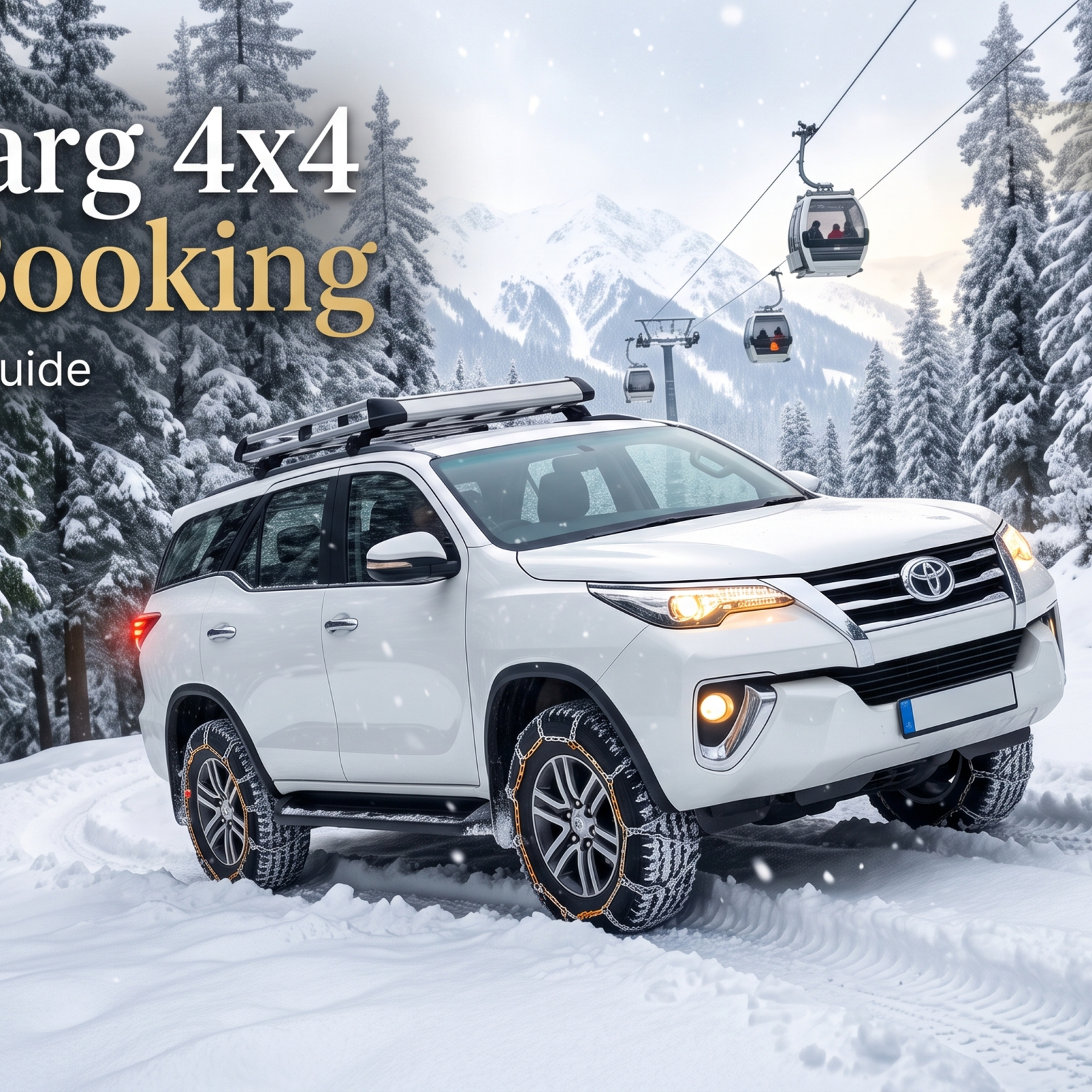 Gulmarg 4x4 taxi booking - white SUV with snow chains driving up snow-covered Tangmarg to Gulmarg road through frosted deodar trees