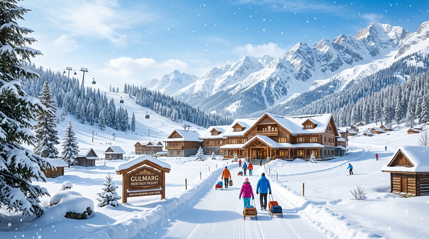 Gulmarg Hotels Winter Booking 2026 | Nature Connect Travels 9 Gulmarg hotels winter booking by Nature Connect Travels showing snow-covered hotel with warm lights near Gondola
