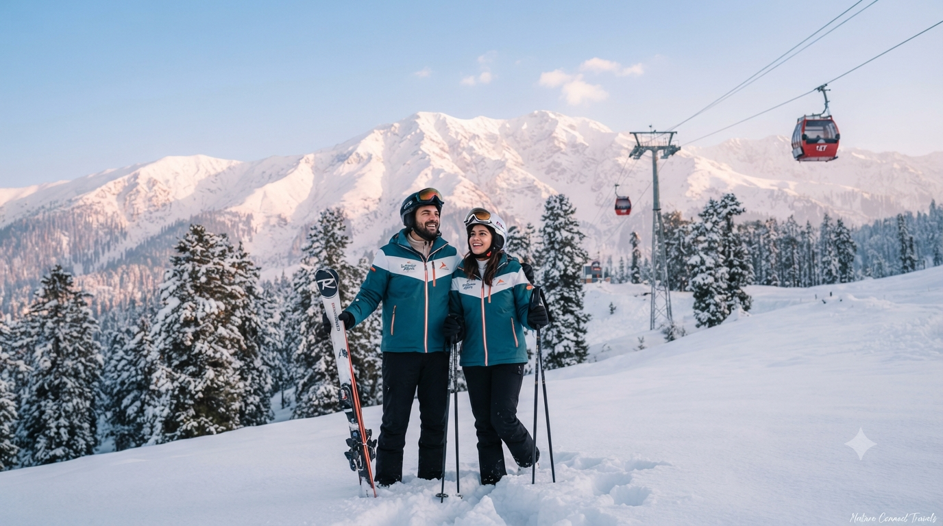 Gulmarg skiing package for couples showing romantic ski holiday with Gondola and Apharwat Peak views