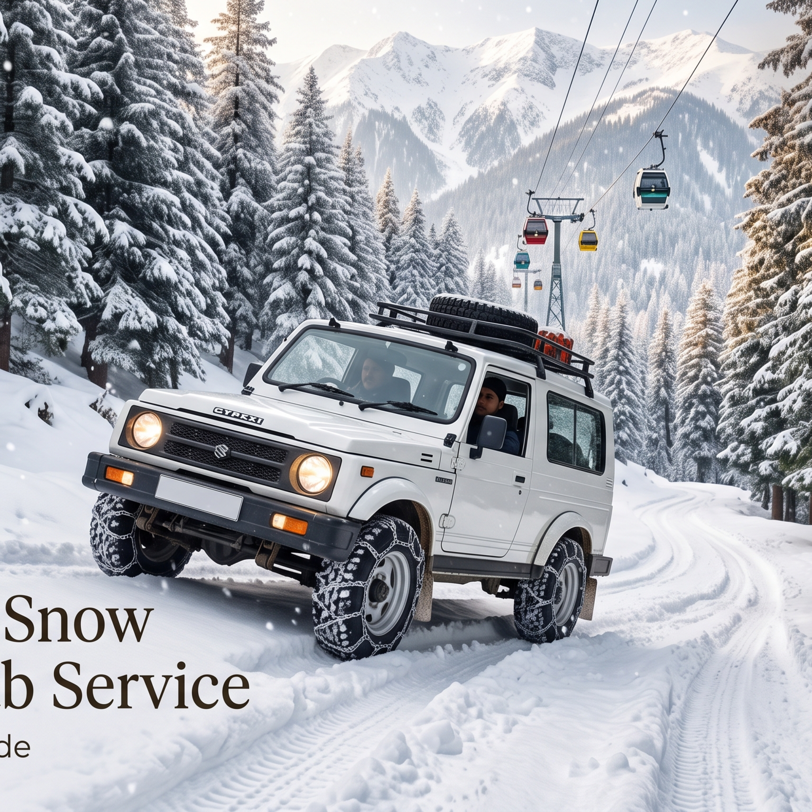 Gulmarg snow chain cab service - 4x4 Gypsy with anti-skid chains driving up snow-covered Tangmarg to Gulmarg road through frosted deodar trees