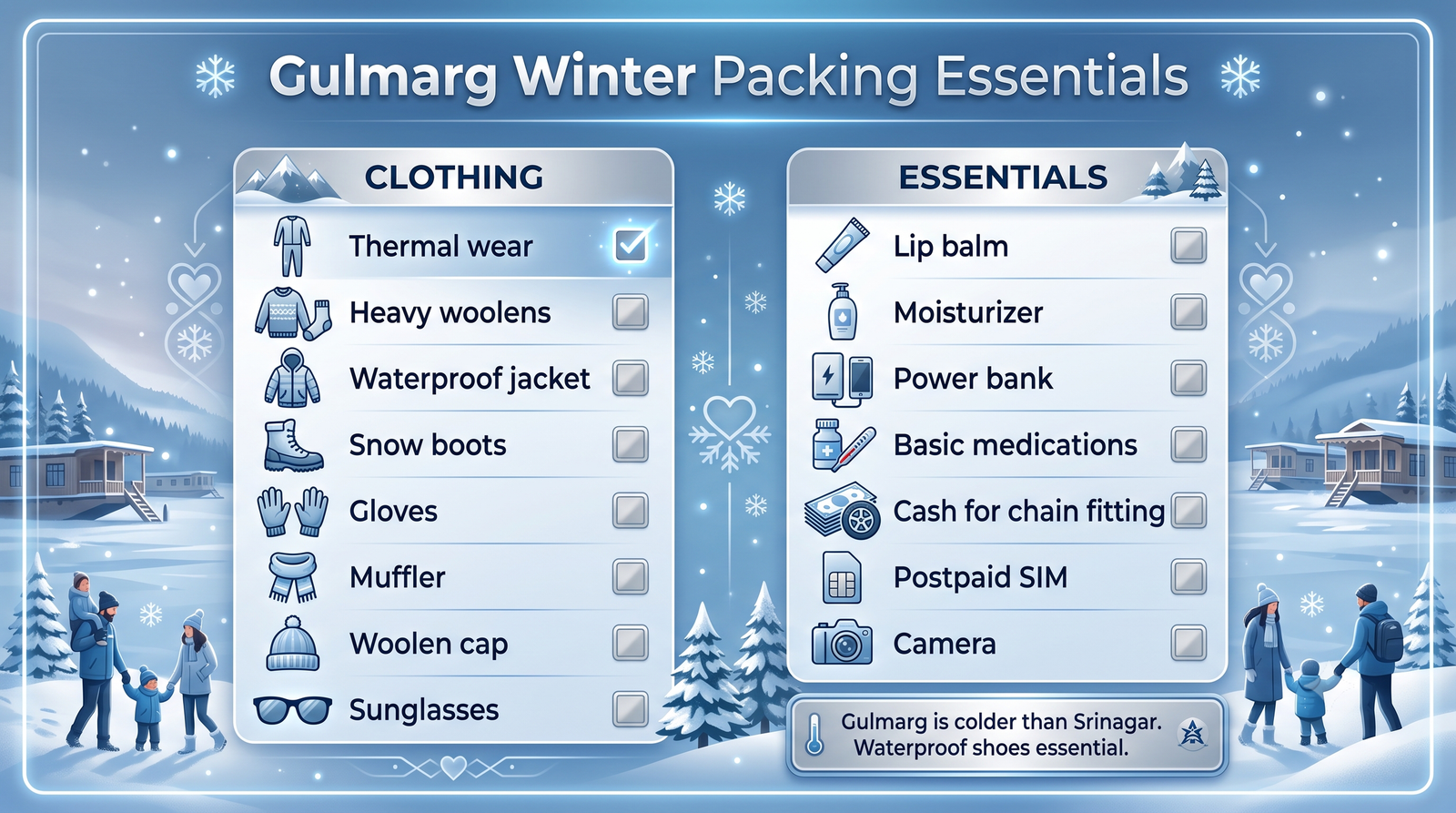 Gulmarg snow chain cab service - packing essentials infographic clothing and items checklist for winter Gulmarg travel