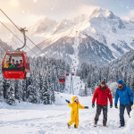 Gulmarg snow tour packages showing Gondola cable car ascending through snowfall with family playing in snow meadow