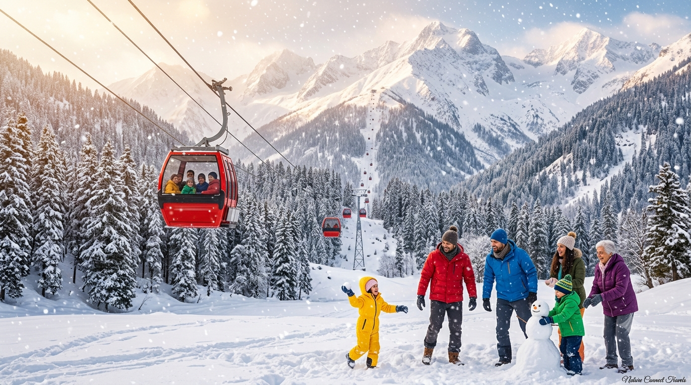 Gulmarg snow tour packages showing Gondola cable car ascending through snowfall with family playing in snow meadow