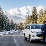 Gulmarg taxi fare by Nature Connect Travels showing Innova Crysta on Srinagar-Gulmarg highway with snowy peaks