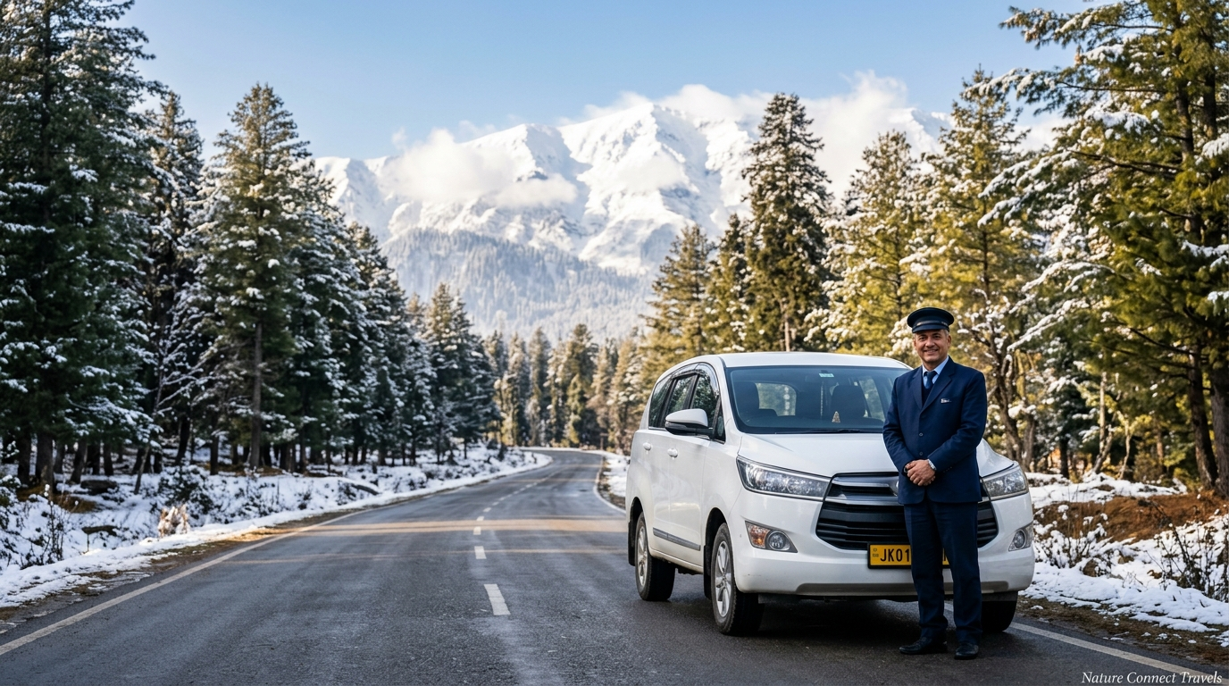 Gulmarg taxi fare by Nature Connect Travels showing Innova Crysta on Srinagar-Gulmarg highway with snowy peaks