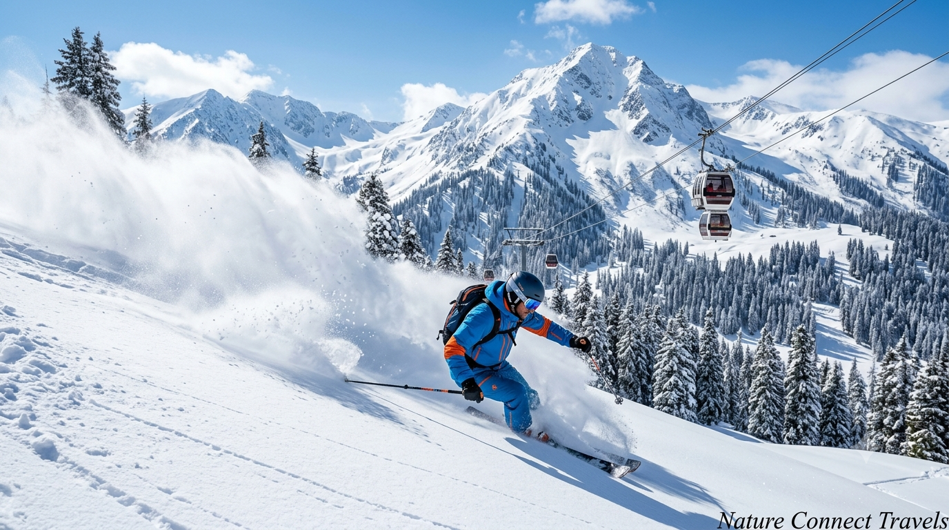 Gulmarg winter skiing package by Nature Connect Travels showing skier on powder slopes with Gondola