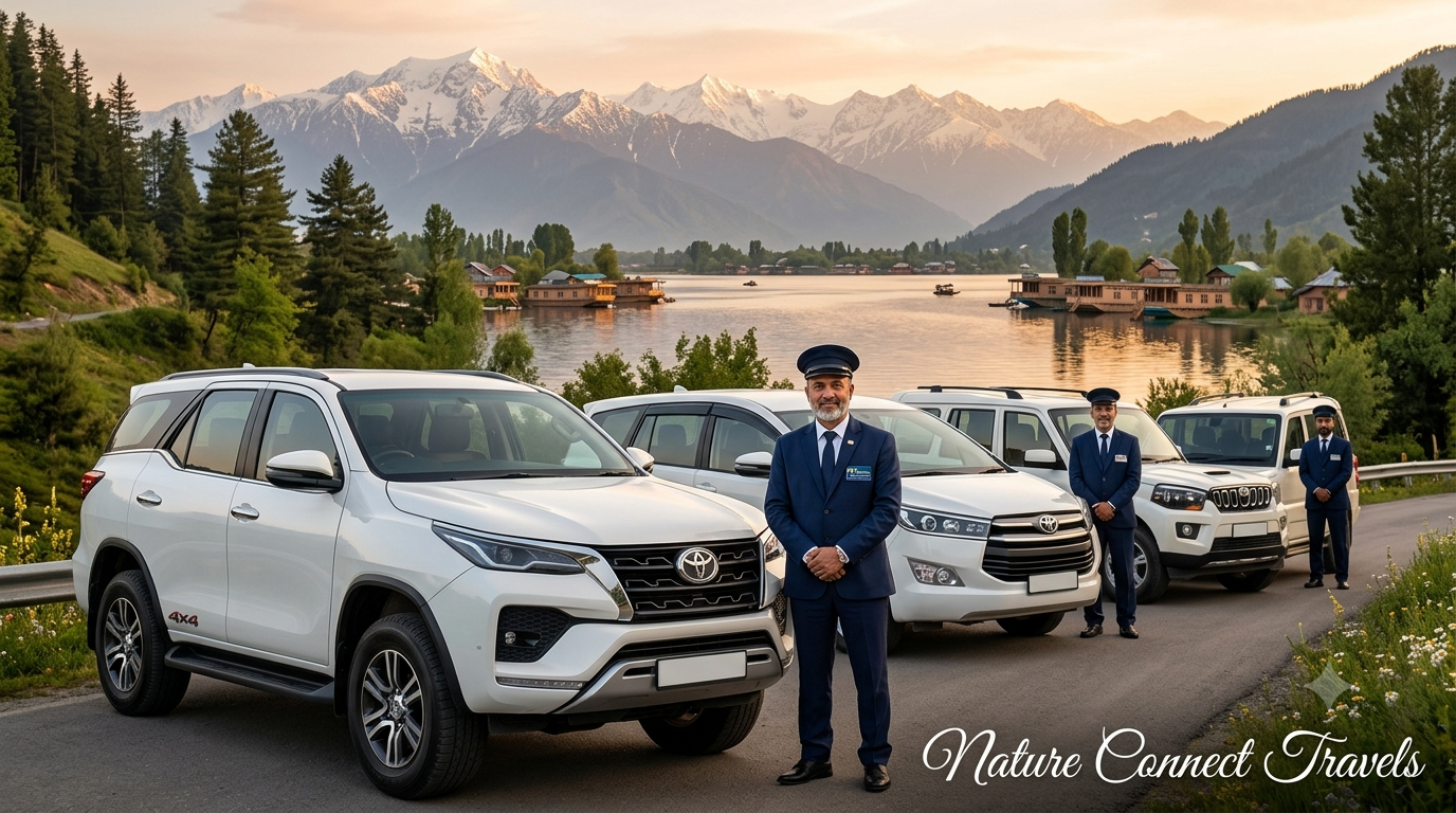 Hire SUV in Kashmir with Nature Connect Travels showing fleet of Fortuner Innova Crysta and Scorpio with chauffeurs