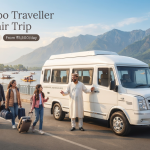 Hire tempo traveller for Kashmir trip - white Force Tempo Traveller with driver on Boulevard Road along Dal Lake for group travel