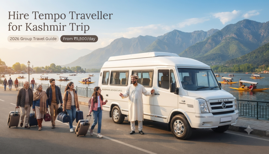 Hire tempo traveller for Kashmir trip - white Force Tempo Traveller with driver on Boulevard Road along Dal Lake for group travel