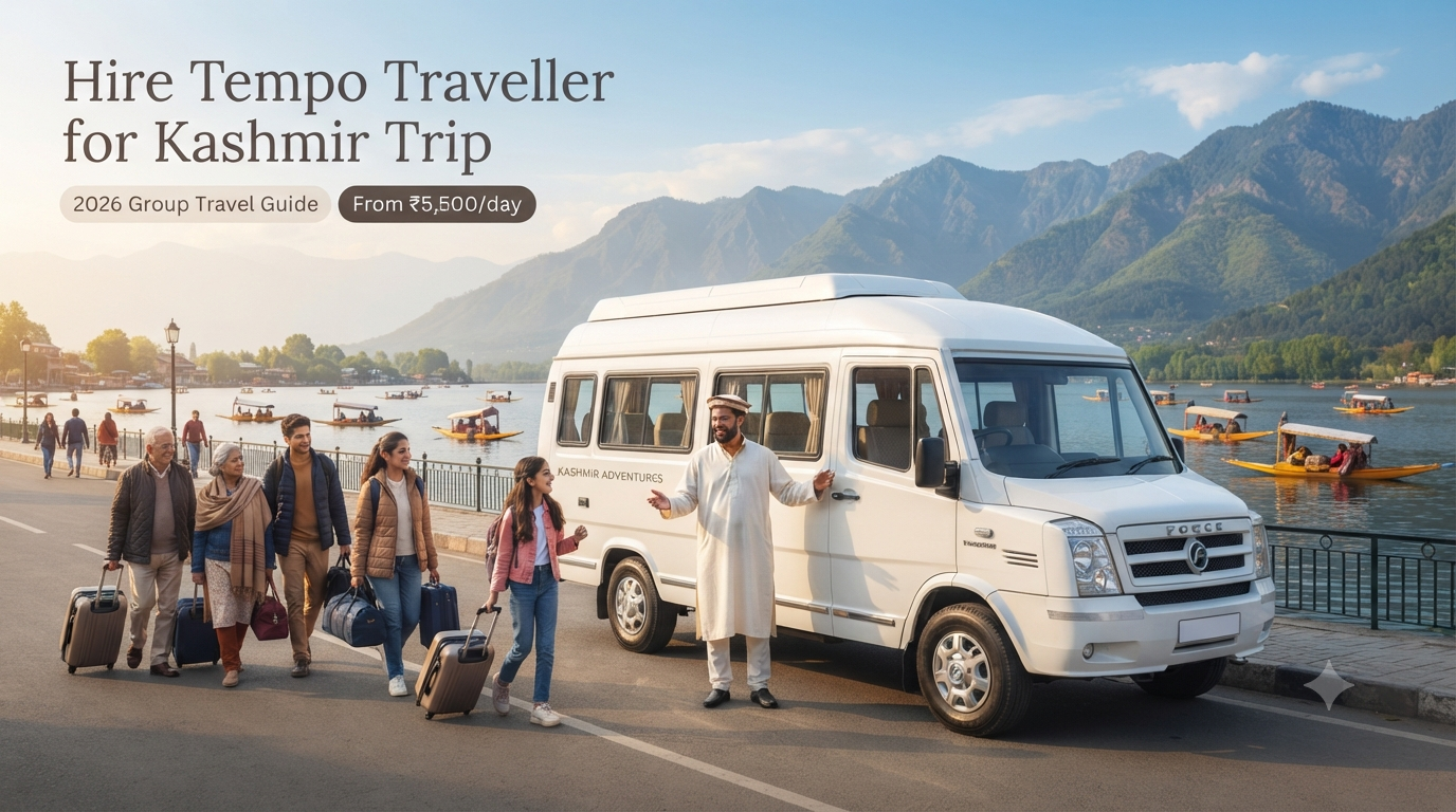 Hire tempo traveller for Kashmir trip - white Force Tempo Traveller with driver on Boulevard Road along Dal Lake for group travel