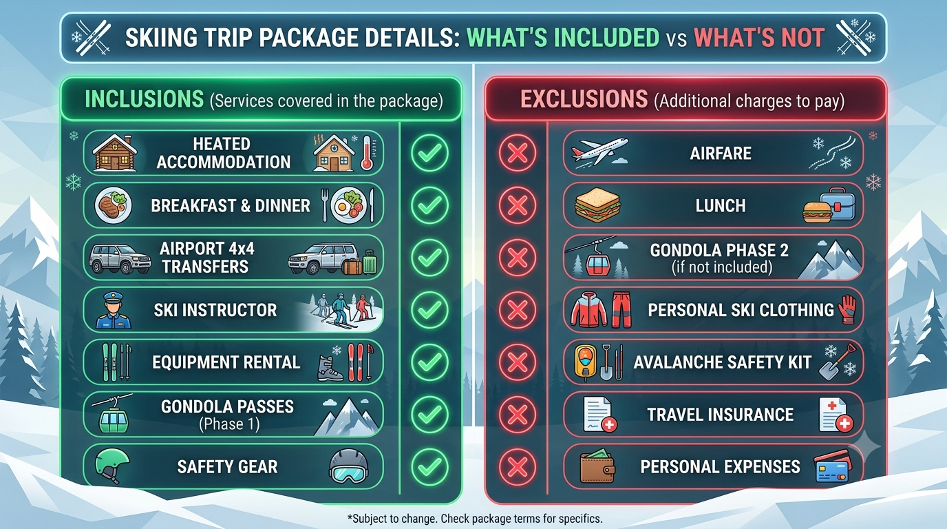 Gulmarg Winter Skiing Package 2026 | Nature Connect ₹28,000+ 10 Inclusions and exclusions infographic for Gulmarg winter skiing package 2026 by Nature Connect Travels