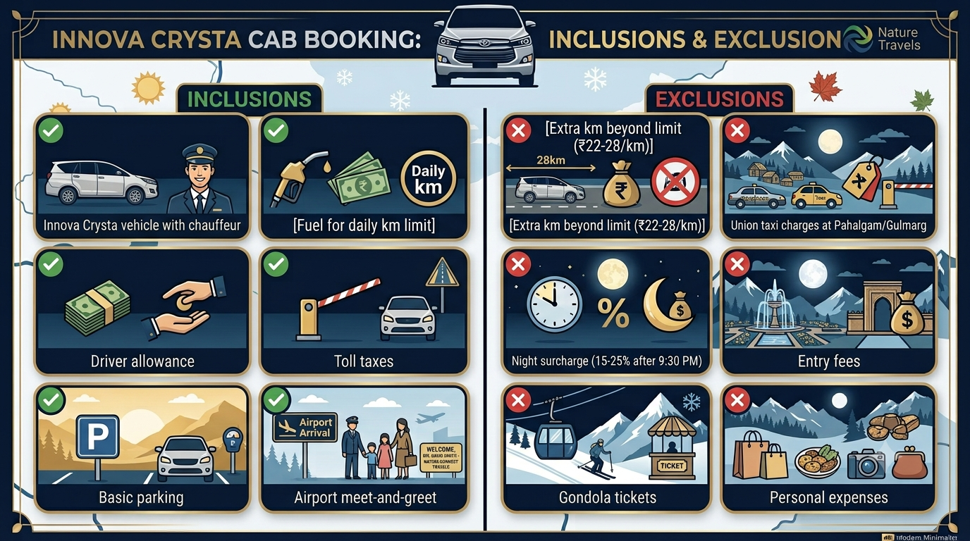 Innova Crysta Rental Kashmir 2026 | Nature Connect ₹3,500+ 10 Inclusions and exclusions infographic for Innova Crysta rental Kashmir with Nature Connect Travels