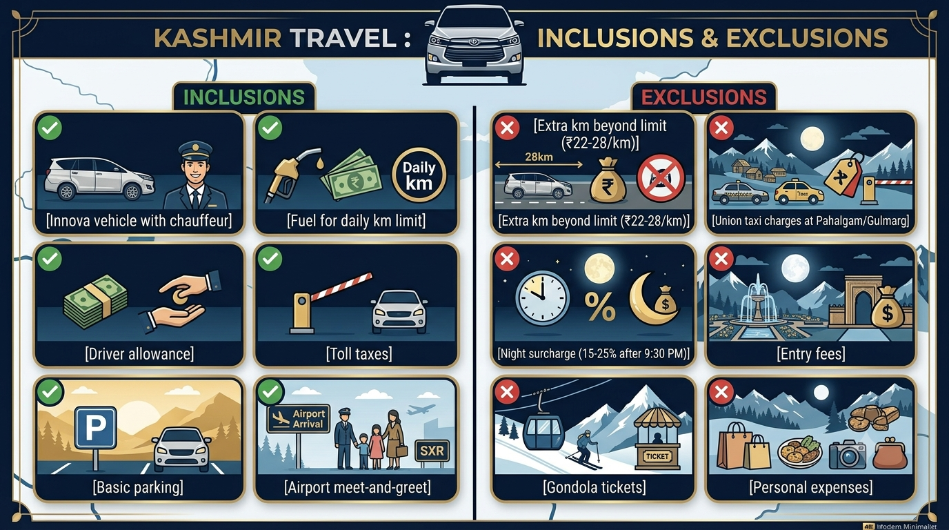 Innova Cab in Kashmir 2026 | Nature Connect Travels ₹3,500+ 10 Inclusions and exclusions infographic for Innova cab in Kashmir with Nature Connect Travels