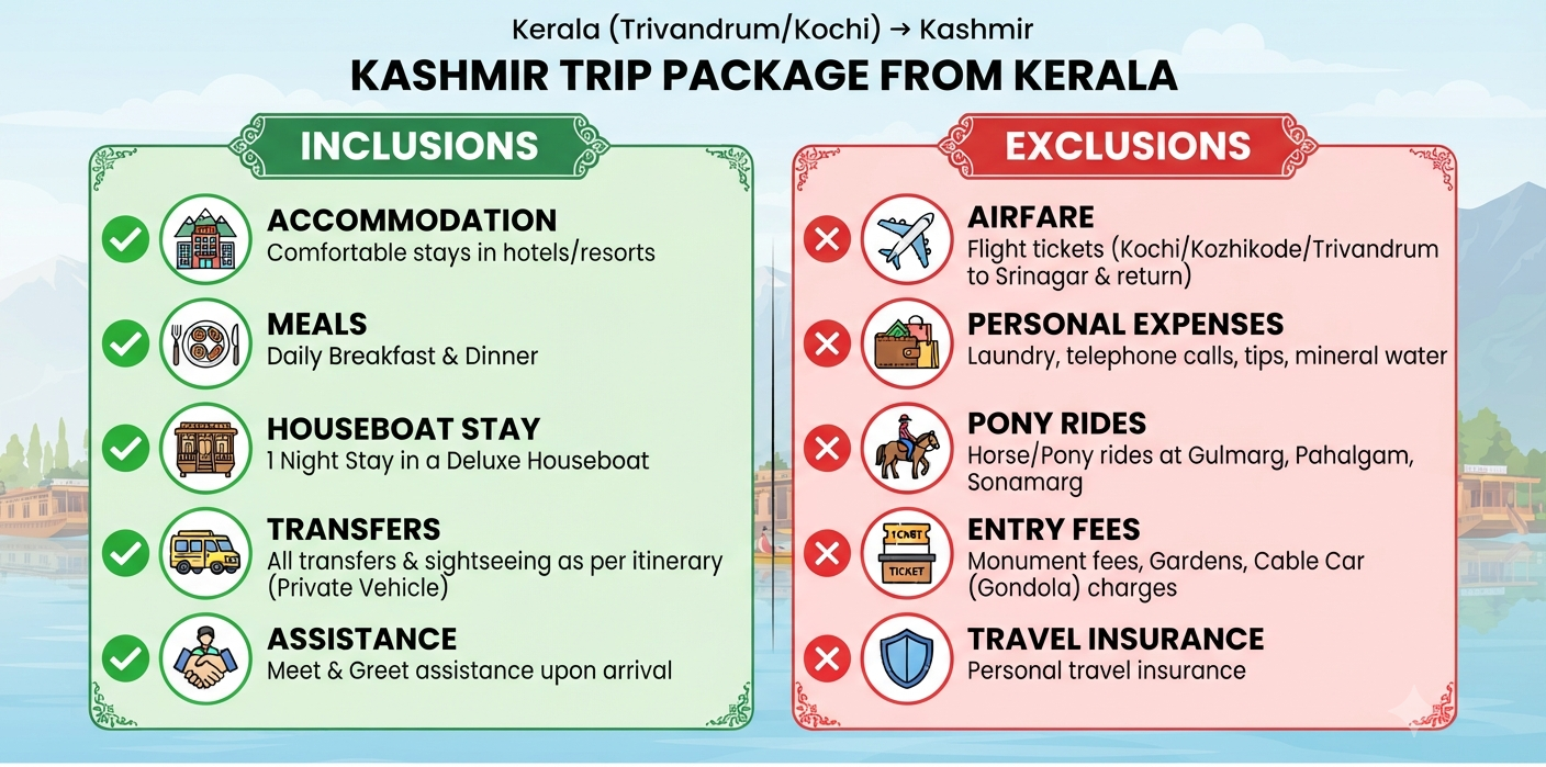 Inclusions and exclusions infographic for Jammu Kashmir itinerary 2026 by Nature Connect Travels