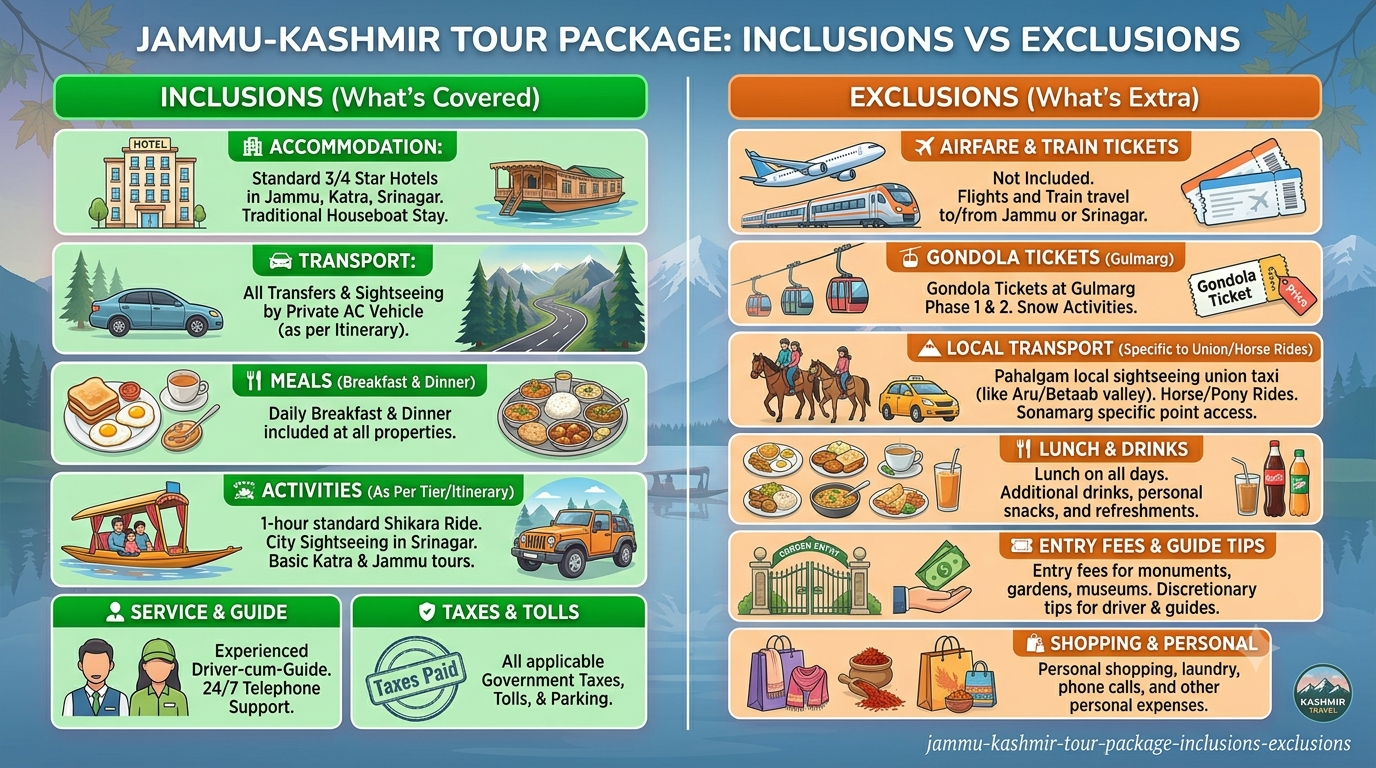 Jammu Kashmir Tour Package 2026 | Nature Connect ₹24,500+ 10 Inclusions and exclusions infographic for Jammu Kashmir tour package 2026 by Nature Connect Travels