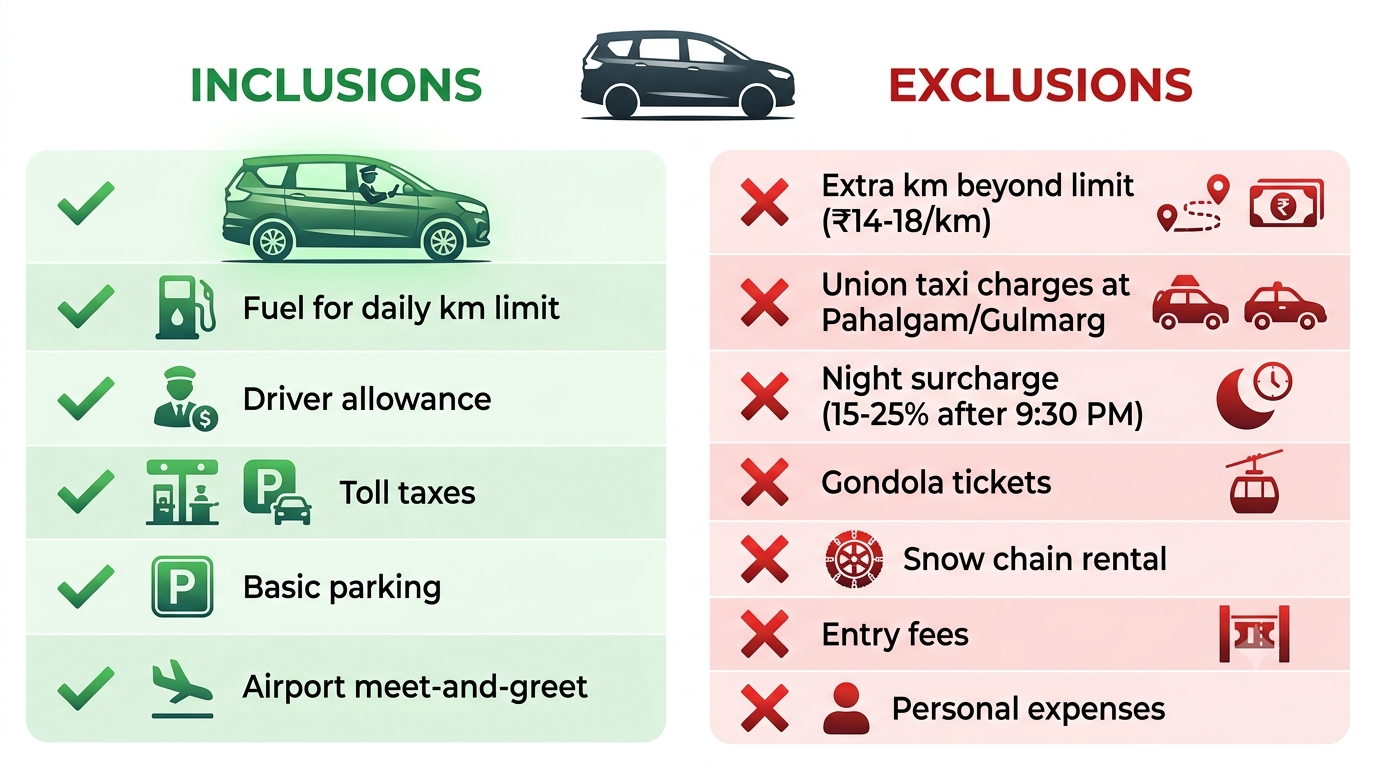 Kashmir Ertiga Hire 2026 | Nature Connect Travels ₹2,600+ 11 Inclusions and exclusions infographic for Kashmir Ertiga hire by Nature Connect Travels