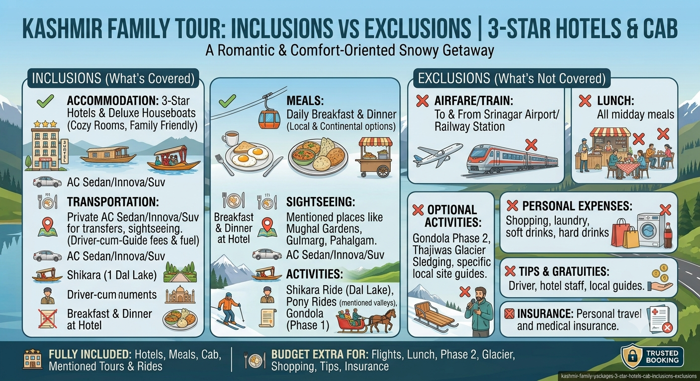 Inclusions and exclusions infographic for Kashmir family packages with 3 star hotels and cab 2026 by Nature Connect Travels
