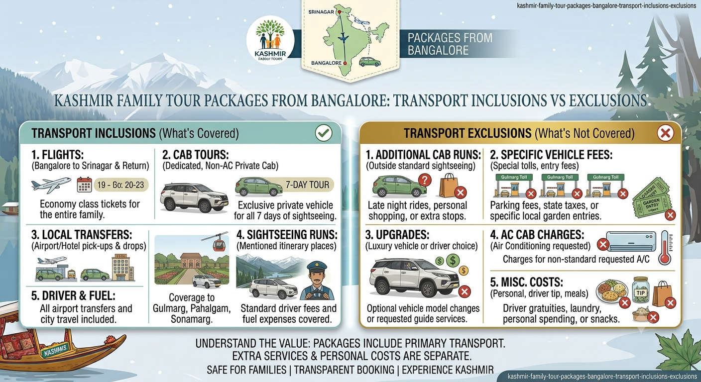 Inclusions and exclusions infographic for Kashmir family tour packages from Bangalore with transport by Nature Connect Travels