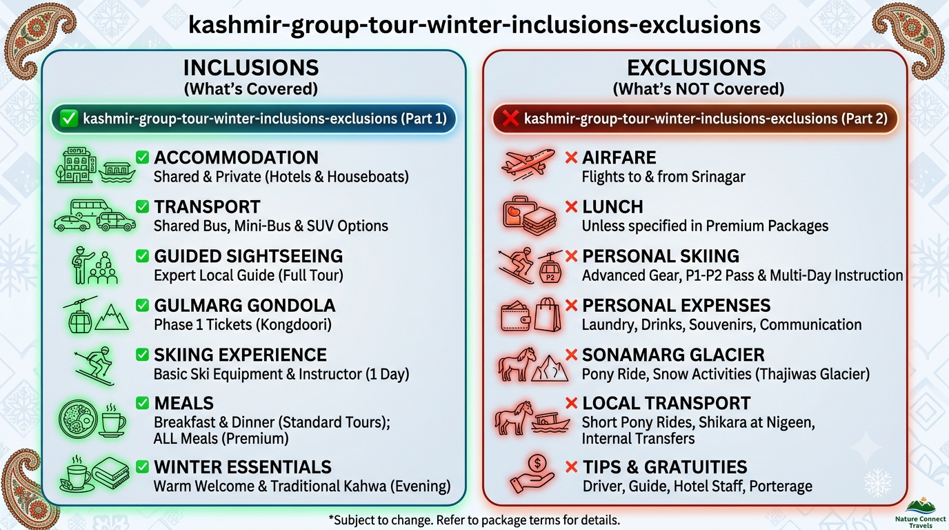 Kashmir Group Tour Winter Packages 2026 | Nature Connect ₹15K+ 10 Inclusions and exclusions infographic for Kashmir group tour winter packages 2026 by Nature Connect Travels