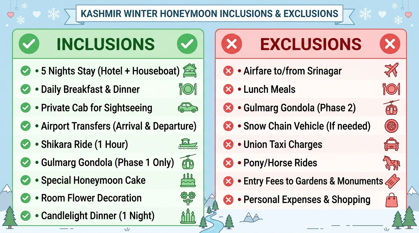 Kashmir Honeymoon Packages in Winter 2026 | ₹22K+ Couple 8 Inclusions and exclusions infographic for Kashmir honeymoon packages in winter by Nature Connect Travels
