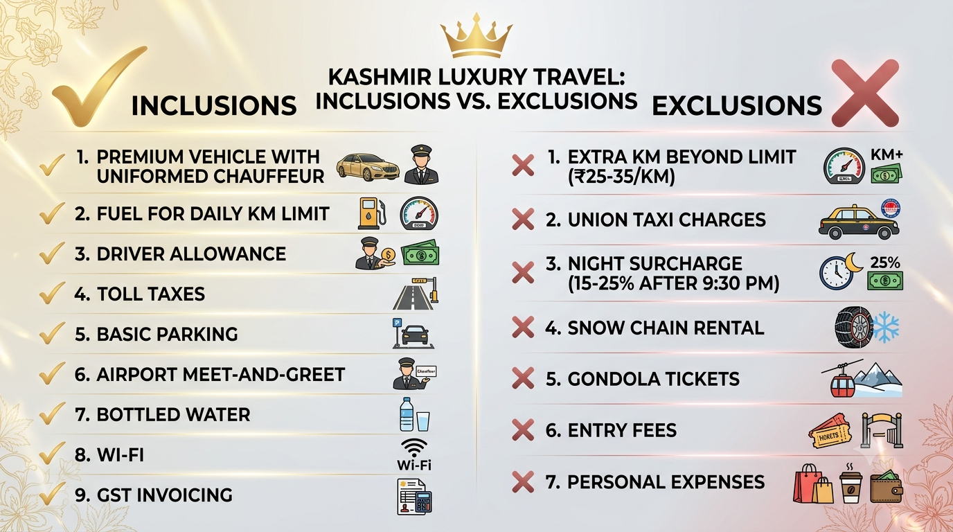 Inclusions and exclusions infographic for Kashmir luxury cabs by Nature Connect Travels